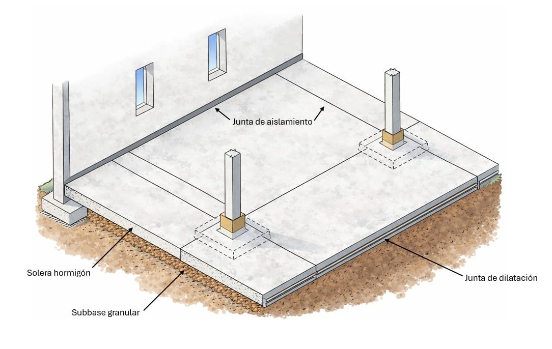 Esquema de juntas en soleras de hormigón (perimetral, retracción y dilatación)