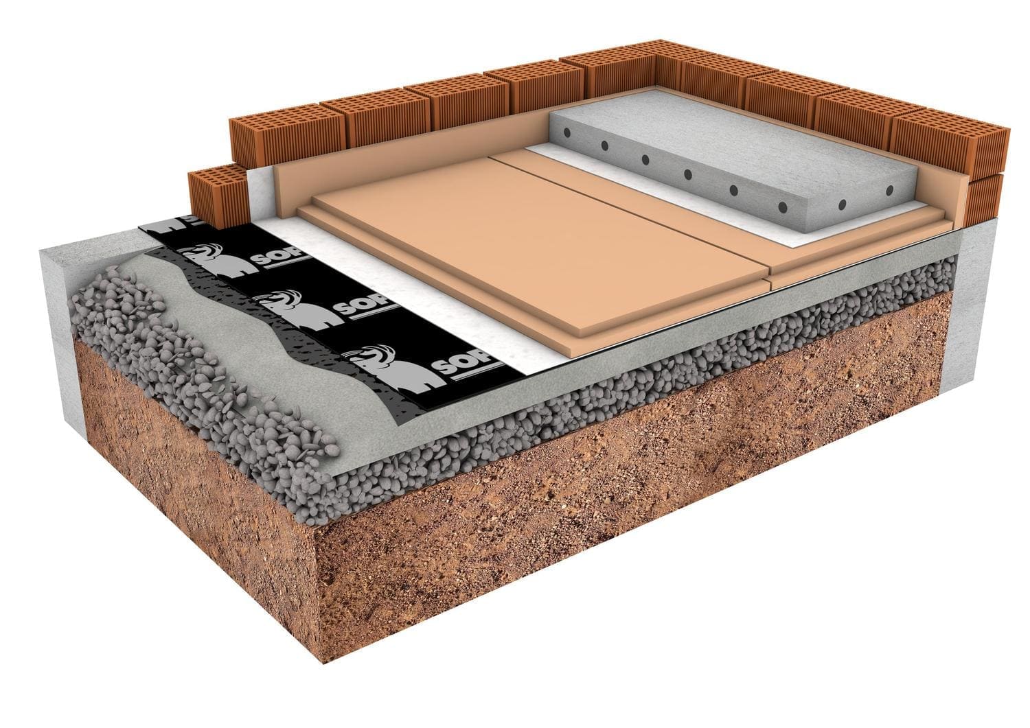 Esquema: capas de una solera de hormigón, armado, juntas y acabado
