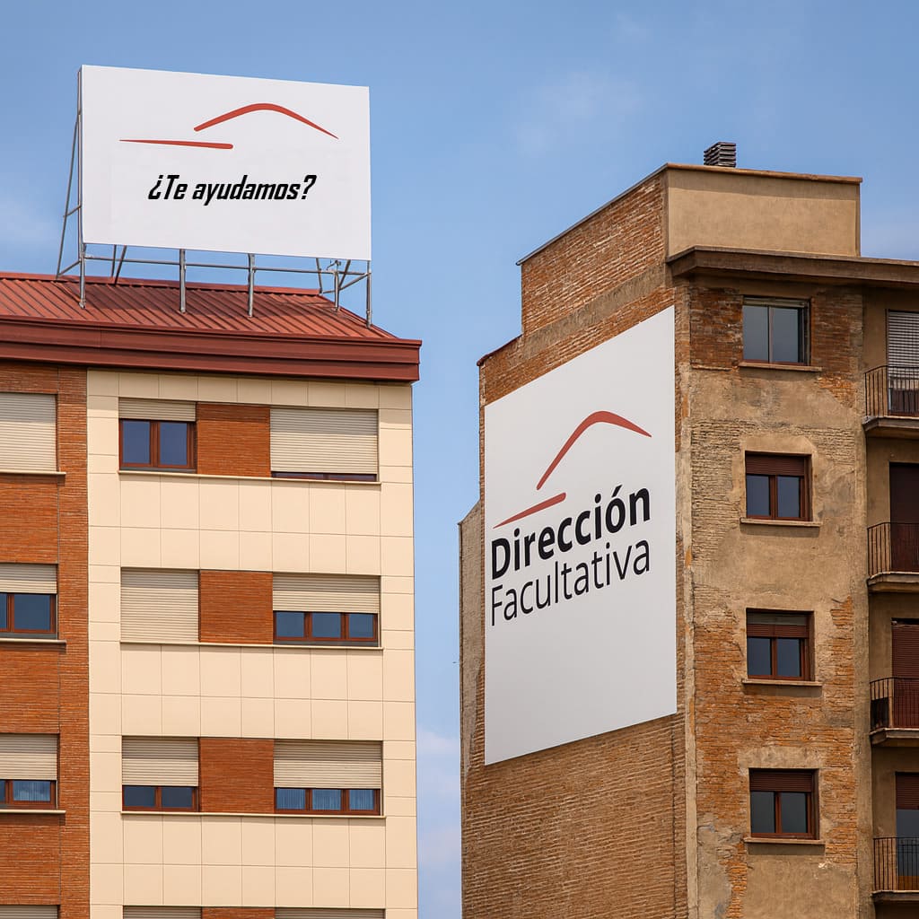 Lona publicitaria en andamio y rótulo de coronación en edificio de Madrid cumpliendo normativa de publicidad exterior